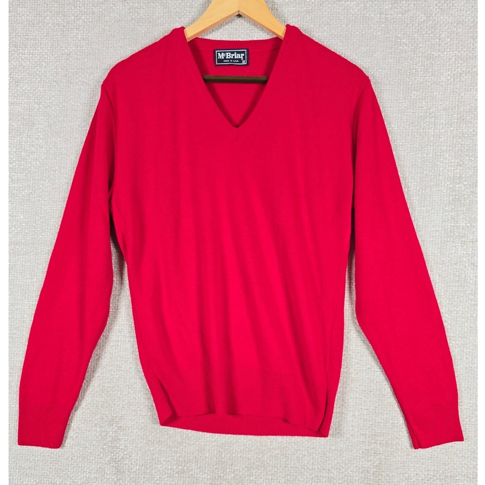 McBriar Vintage Red V-Neck Sweater Womens Medium Made in USA Virgin Acrylic‎